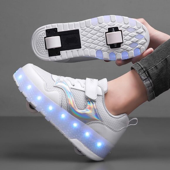 Kid's White New Upgraded Wheels Shiny Dark Roller Skates Skate Beautiful Shoes - Picture 7 of 7